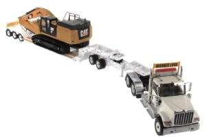 International Diecast HX520 Tandem White with XL120 White Trailer and Cat 349F Excavator 85600