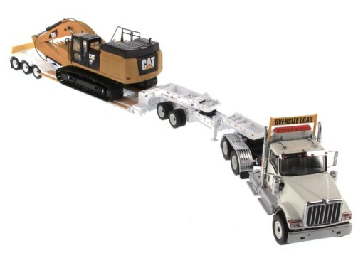 International Diecast HX520 Tandem White with XL120 White Trailer and Cat 349F Excavator 85600