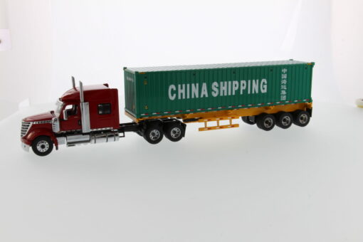 International 1:50 Diecast LoneStar Sleeper Cab with Skeleton Trailer and 40' Dry Goods Sea Container - Red tractor + Safety yellow skeleton + China Shipping container 71045 - Image 12