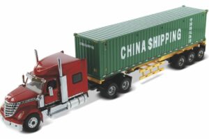 International 1:50 Diecast LoneStar Sleeper Cab with Skeleton Trailer and 40' Dry Goods Sea Container - Red tractor + Safety yellow skeleton + China Shipping container 71045