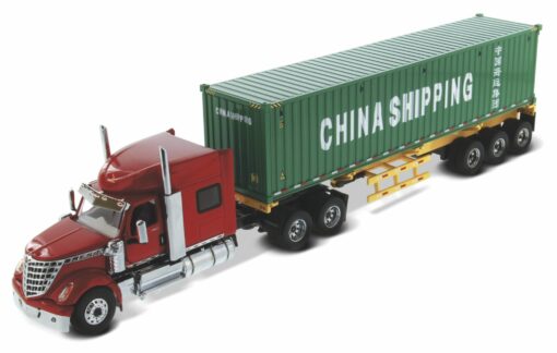 International 1:50 Diecast LoneStar Sleeper Cab with Skeleton Trailer and 40' Dry Goods Sea Container - Red tractor + Safety yellow skeleton + China Shipping container 71045