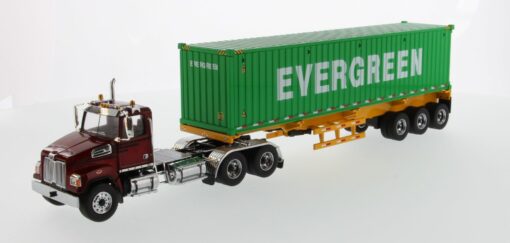 Western Star 1:50 Diecast 4700 SB Tandem Truck-Tractor with 40' Dry good Sea Container - Metallic red tractor + Yellow trailer + EverGreen container 71049 - Image 14