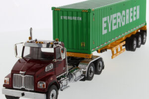 Western Star 1:50 Diecast 4700 SB Tandem Truck-Tractor with 40' Dry good Sea Container - Metallic red tractor + Yellow trailer + EverGreen container 71049