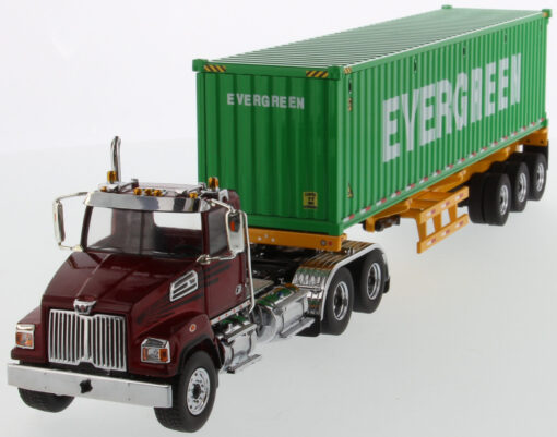 Western Star 1:50 Diecast 4700 SB Tandem Truck-Tractor with 40' Dry good Sea Container - Metallic red tractor + Yellow trailer + EverGreen container 71049