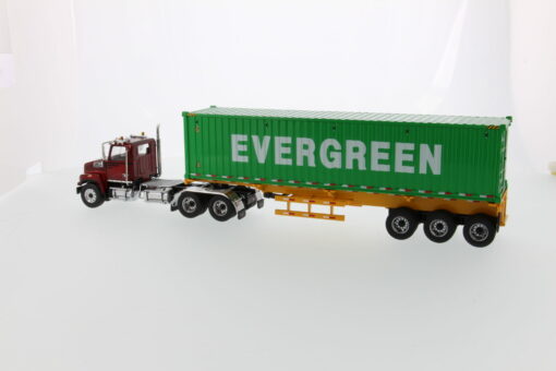 Western Star 1:50 Diecast 4700 SB Tandem Truck-Tractor with 40' Dry good Sea Container - Metallic red tractor + Yellow trailer + EverGreen container 71049 - Image 12