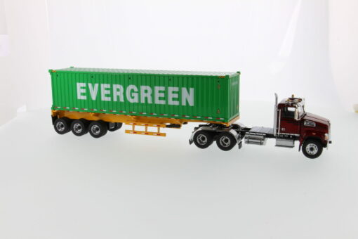 Western Star 1:50 Diecast 4700 SB Tandem Truck-Tractor with 40' Dry good Sea Container - Metallic red tractor + Yellow trailer + EverGreen container 71049 - Image 10
