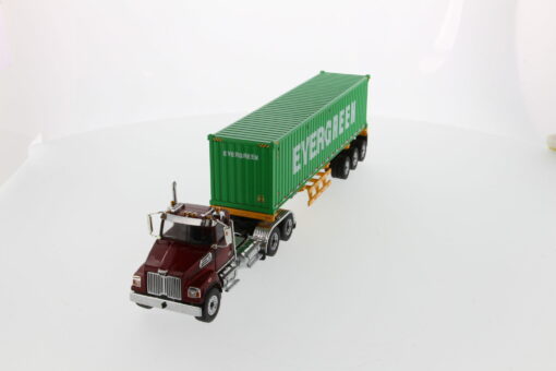 Western Star 1:50 Diecast 4700 SB Tandem Truck-Tractor with 40' Dry good Sea Container - Metallic red tractor + Yellow trailer + EverGreen container 71049 - Image 9