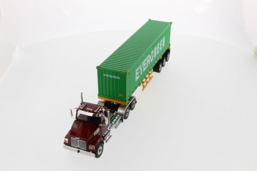 Western Star 1:50 Diecast 4700 SB Tandem Truck-Tractor with 40' Dry good Sea Container - Metallic red tractor + Yellow trailer + EverGreen container 71049 - Image 5